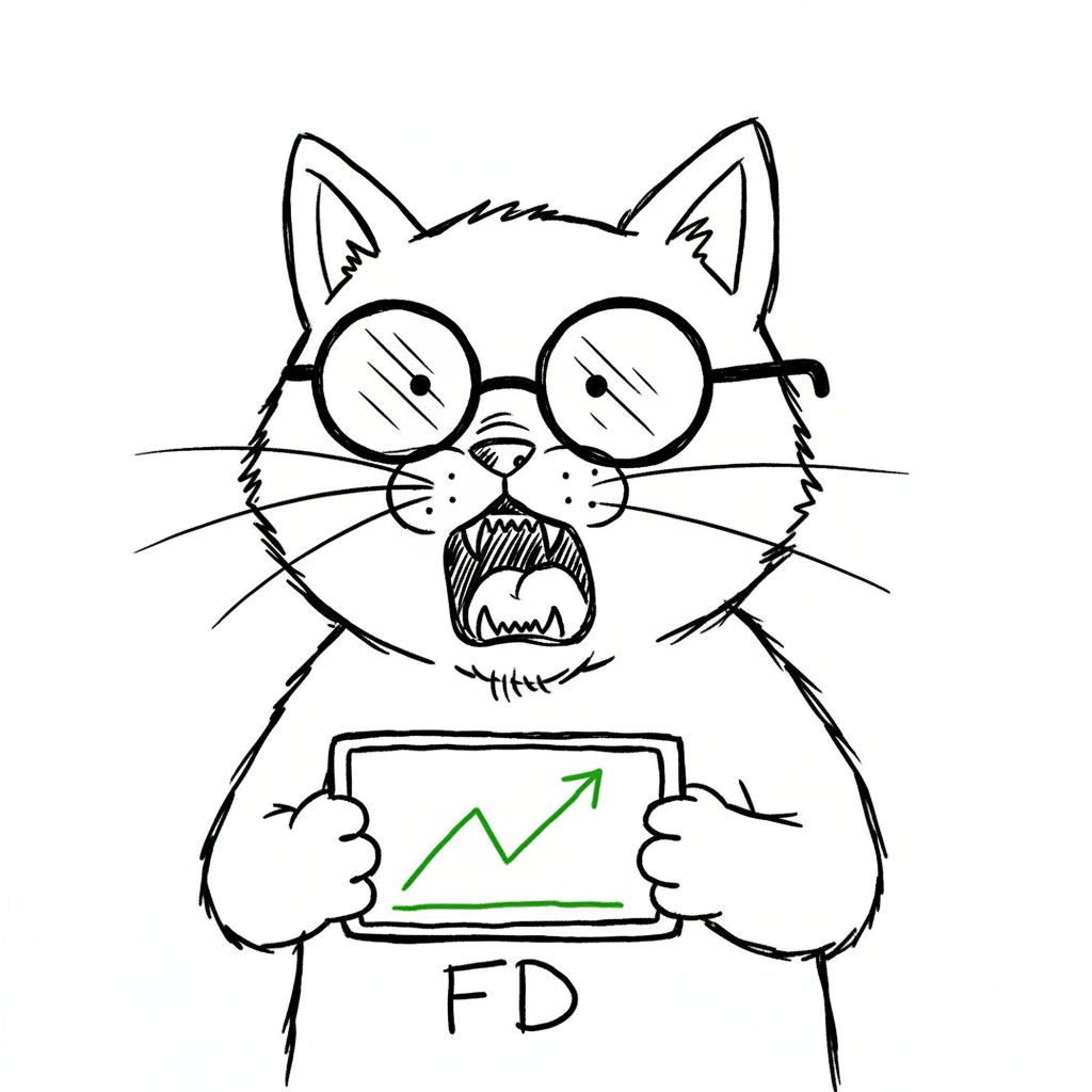 degen cat holding a phone showing an FD chart